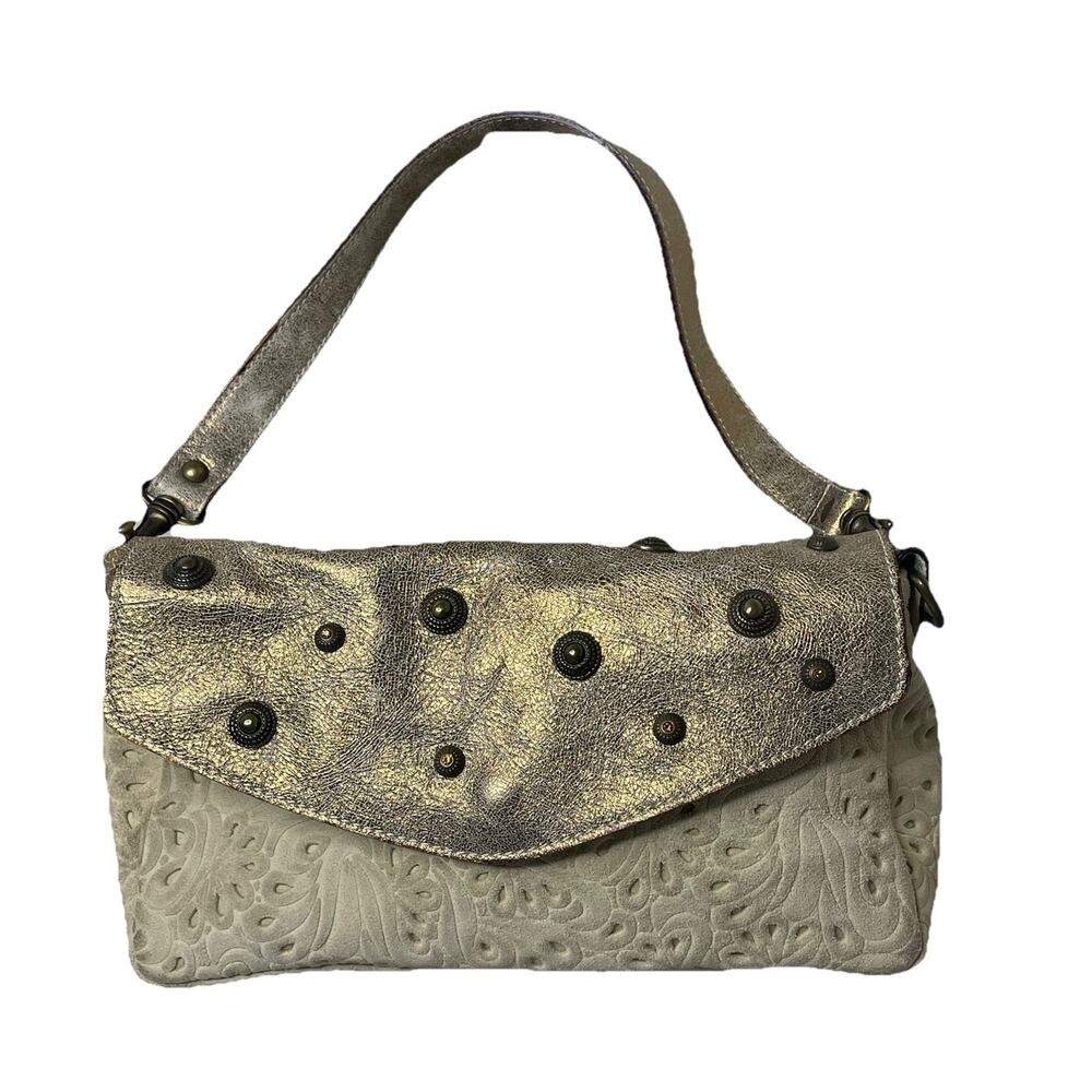 Laura DiMaggio Gianni Notaro Cream Suede Metallic Leather Bag Clutch Stud Accent